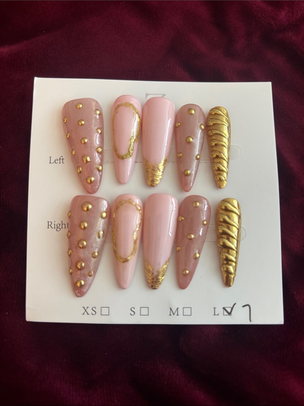 Press-On Almond Stiletto Nails in Pink with Gold Accents